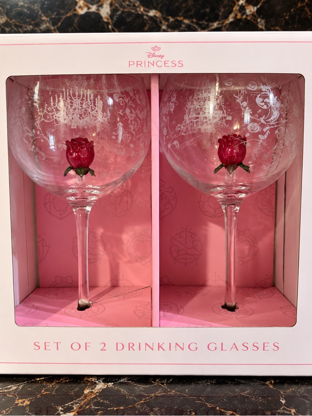 Disney Beauty & The Beast Engraved Wine Glasses With Enchanted Rose - Set of 2